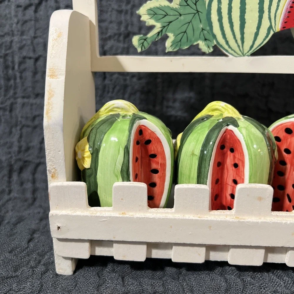 Vintage Wooden Spice Rack with 5 Ceramic Bottles Watermelon‎ Shaped